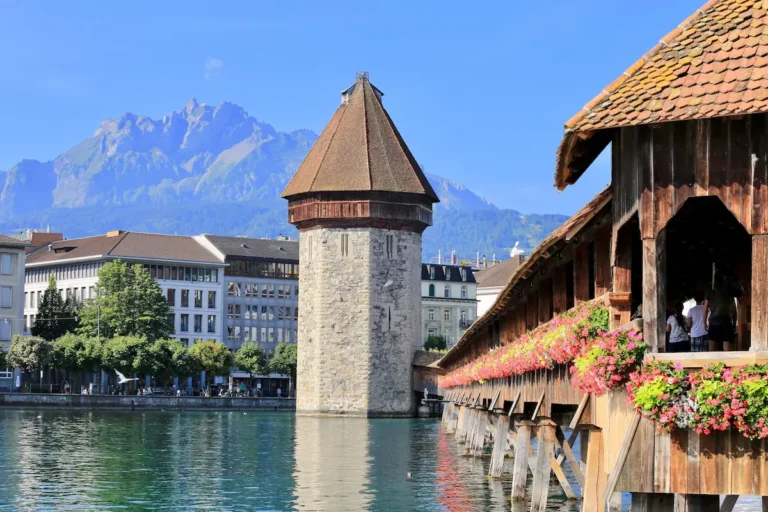 Lucerne old town and the Reuss river with the Chapel Bridge