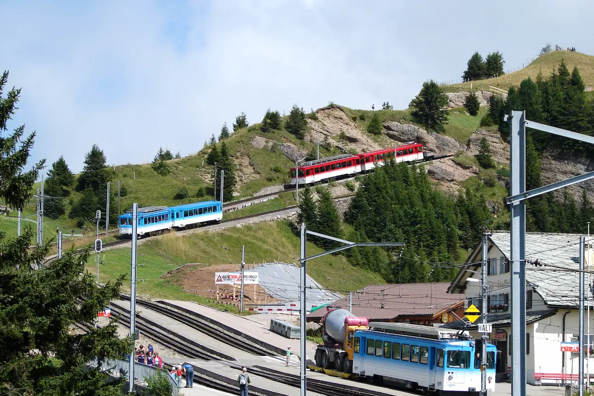 Rigi mountain railway trains near the summit