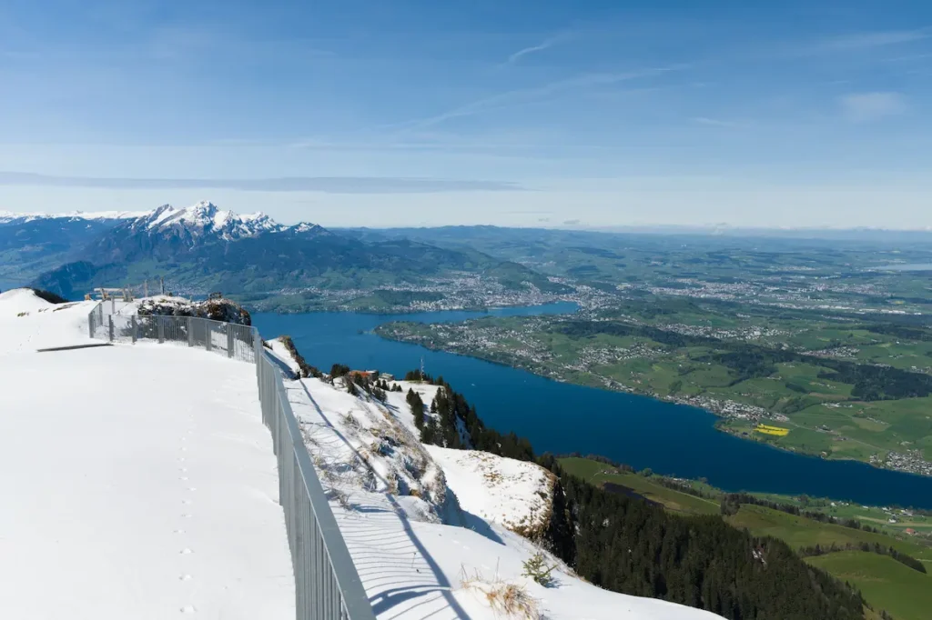 Snow-covered view from Mount Rigi over Lake Lucerne
