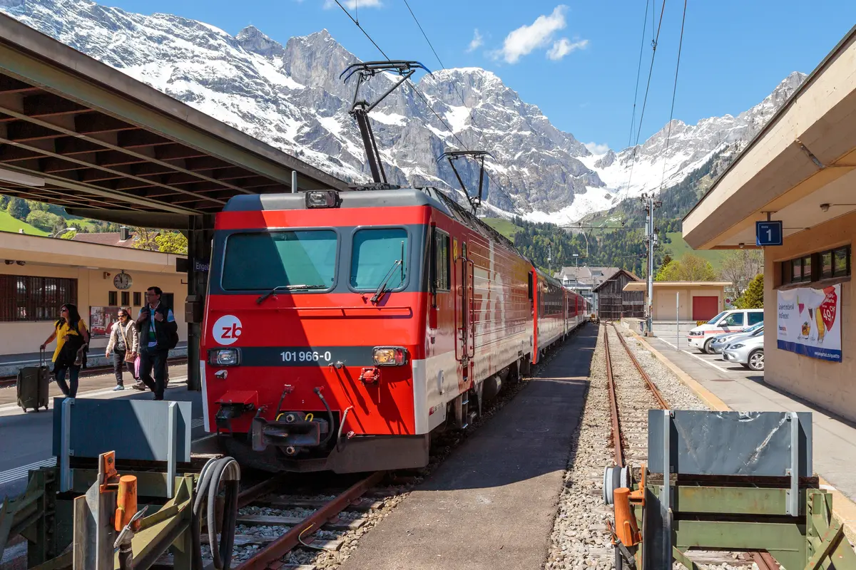 Red Luzern-Engelberg Express train at Engelberg station, the independent route for Mount Titlis from Lucerne