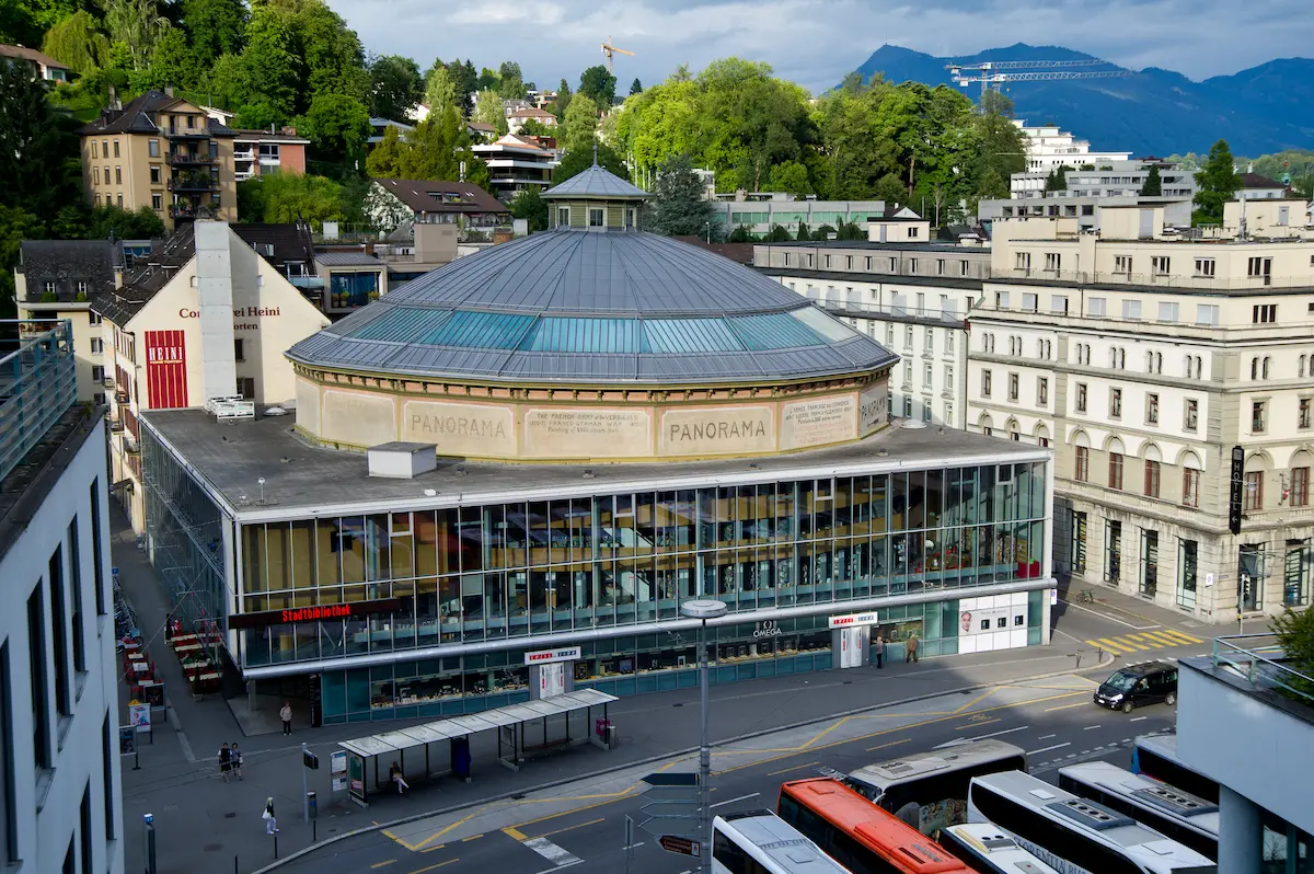Exterior of the Bourbaki Panorama building at Löwenplatz in Lucerne.