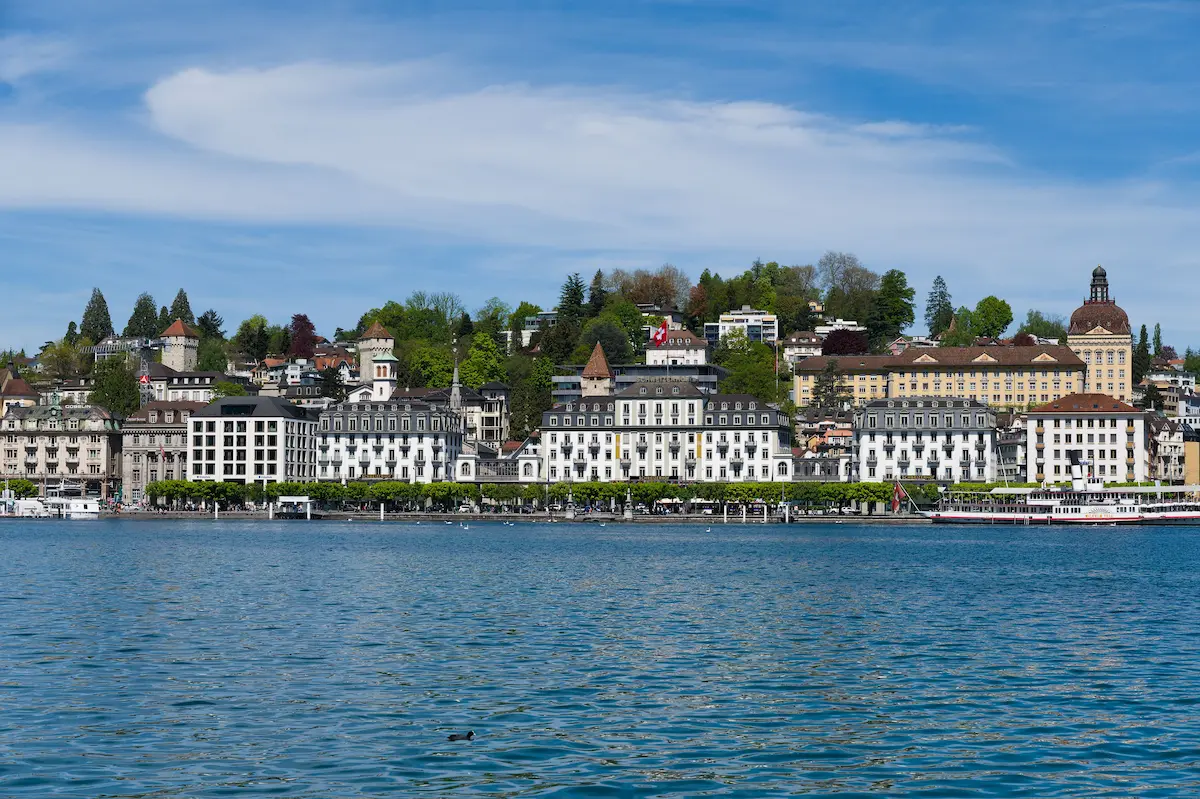 Lakefront hotels along the quay in Lucerne seen from Lake Lucerne