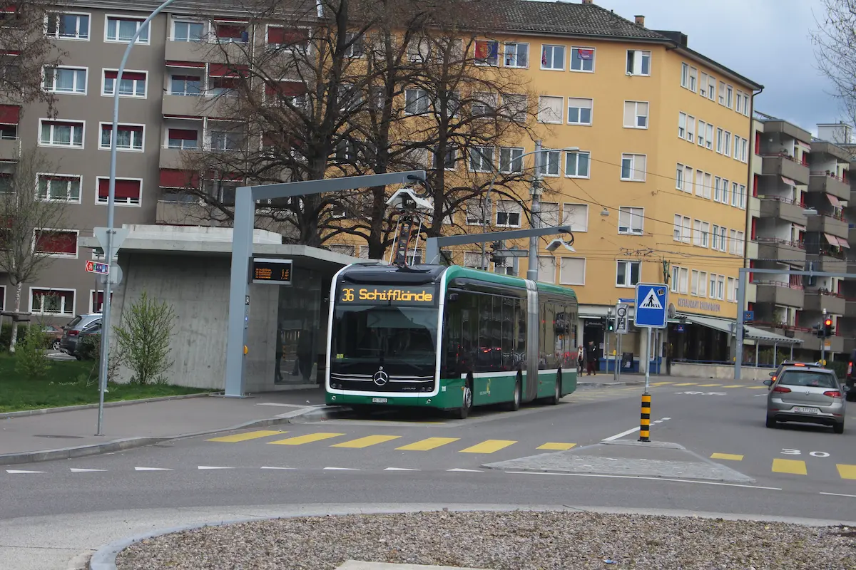 BVB articulated bus operating at Wiesenplatz in Basel
