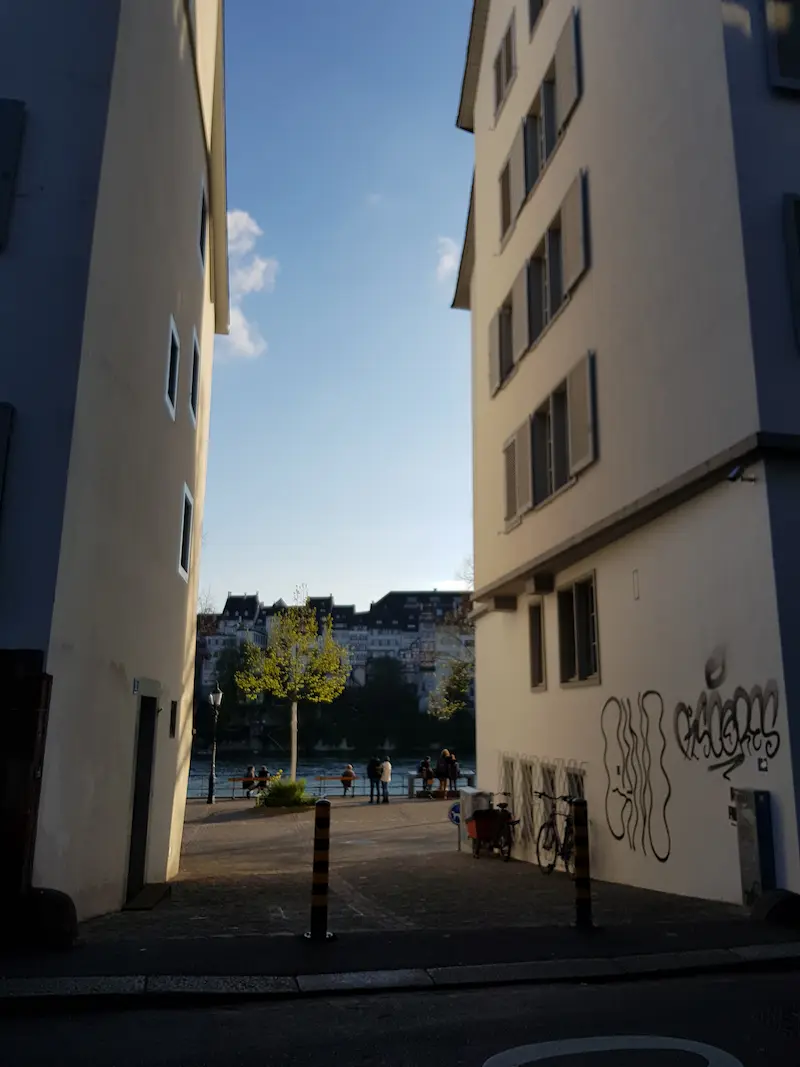 Rheingasse in Kleinbasel opening toward the Rhine riverbank