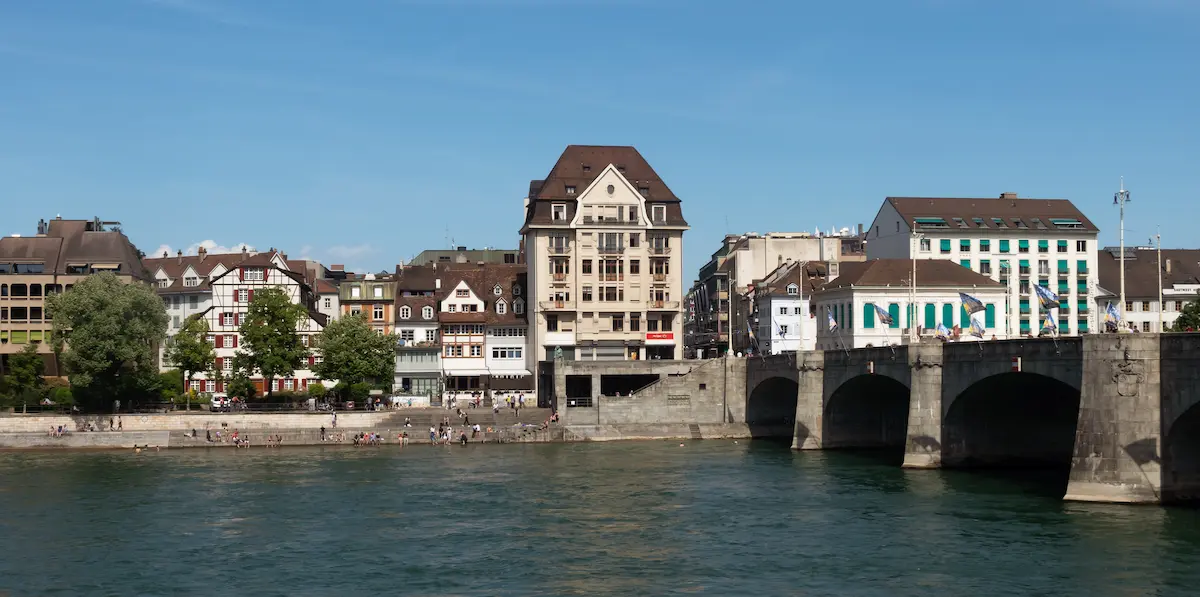 Kleinbasel along the Rhine with Mittlere Brücke in central Basel