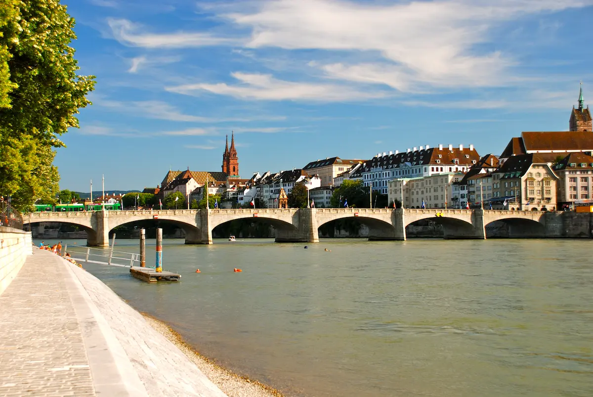 Mittlere Brücke crossing the Rhine between central Basel riverbanks