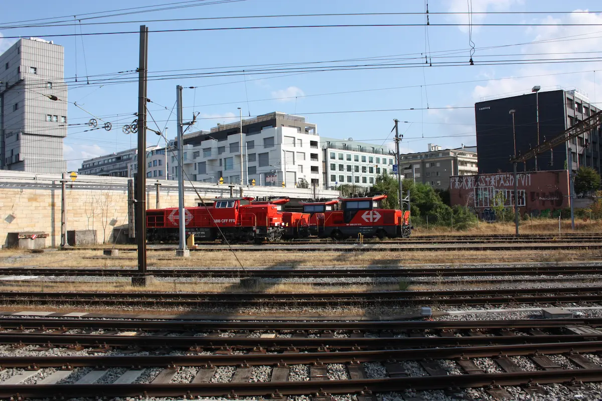 Rail tracks and locomotives at Basel SBB station