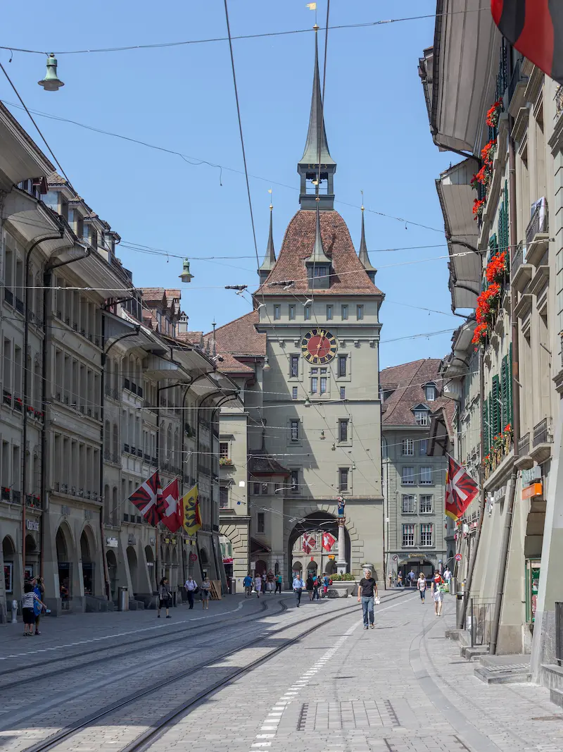 Marktgasse leading to Käfigturm in Bern upper Old Town