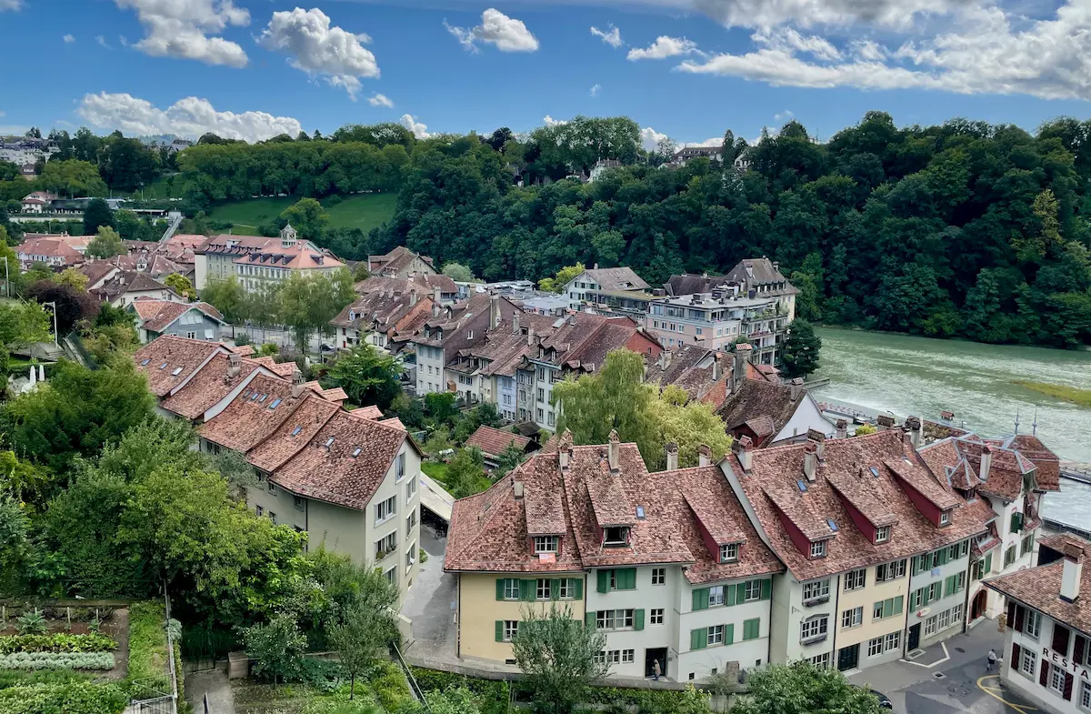 Matte neighborhood rooftops and the Aare seen from Minster Terrace