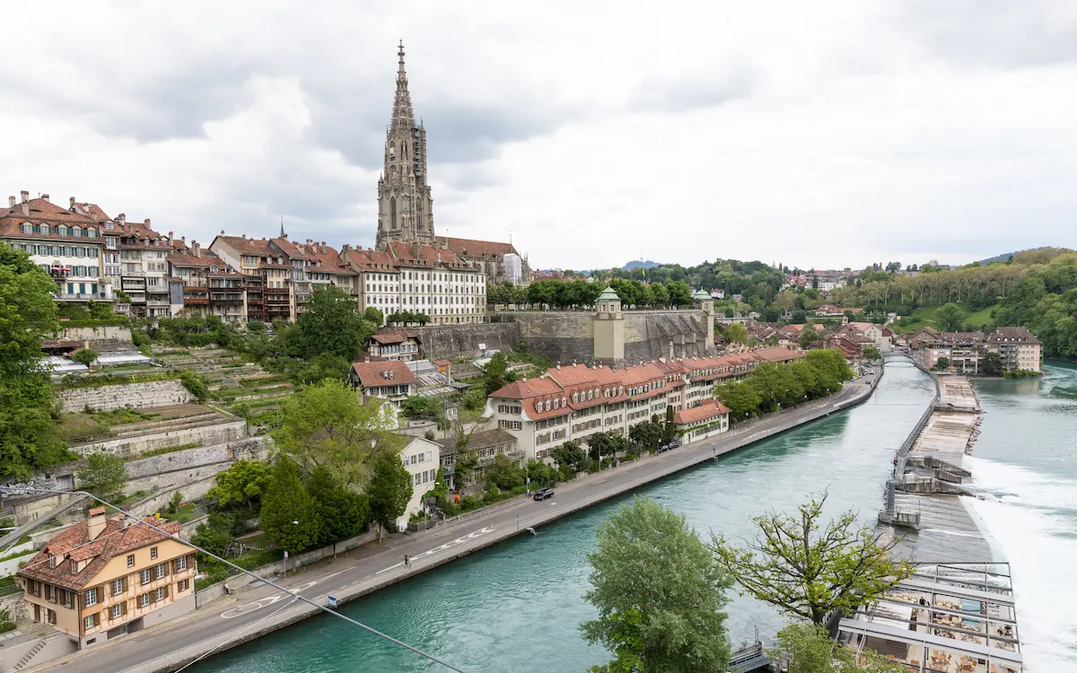 Bern Old Town beside the Aare with a bridge crossing the river