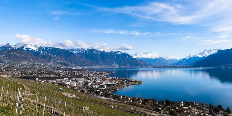 Lake Geneva Riviera towns and Alpine peaks viewed from Chardonne