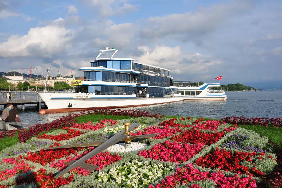 Bürkliplatz lakeside quay and Panta Rhei passenger boat in Zurich