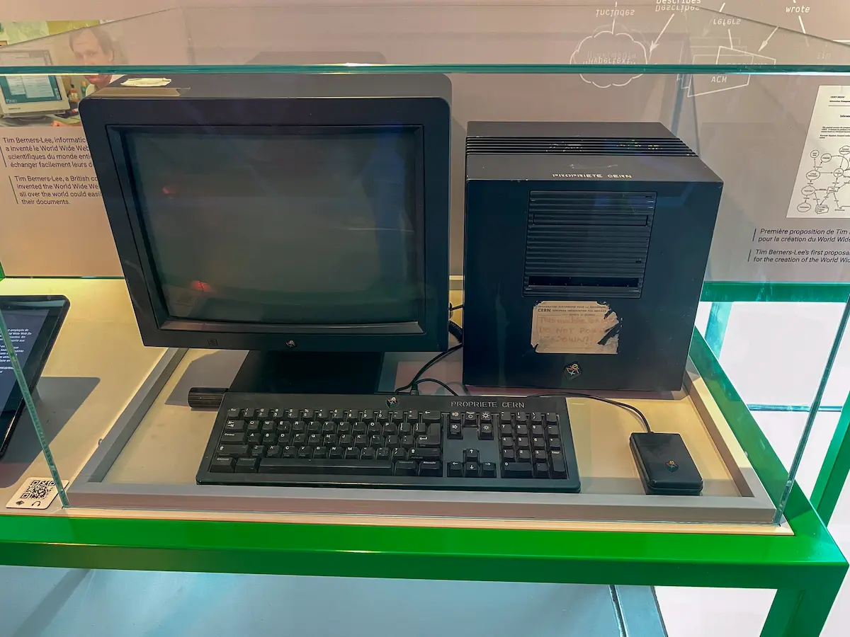 CERN first web server NeXT computer displayed behind glass