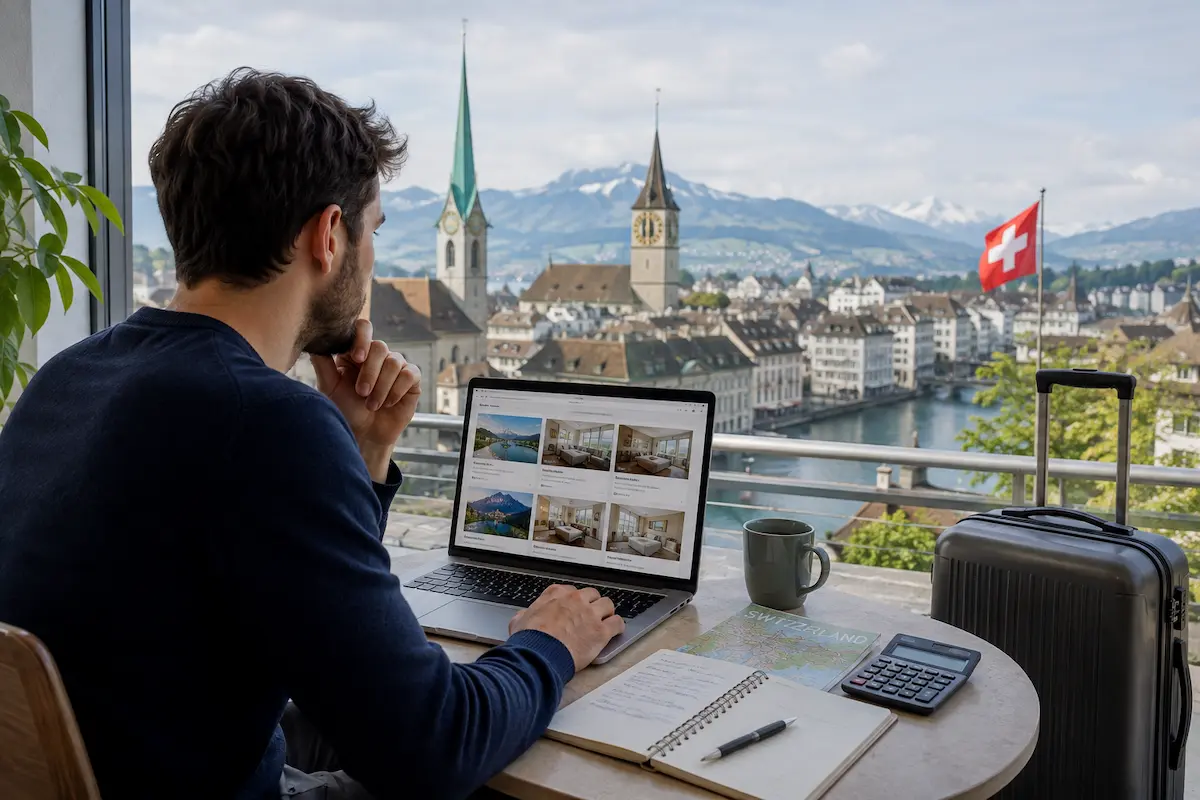 Traveler checking accommodation costs before booking a stay in Switzerland