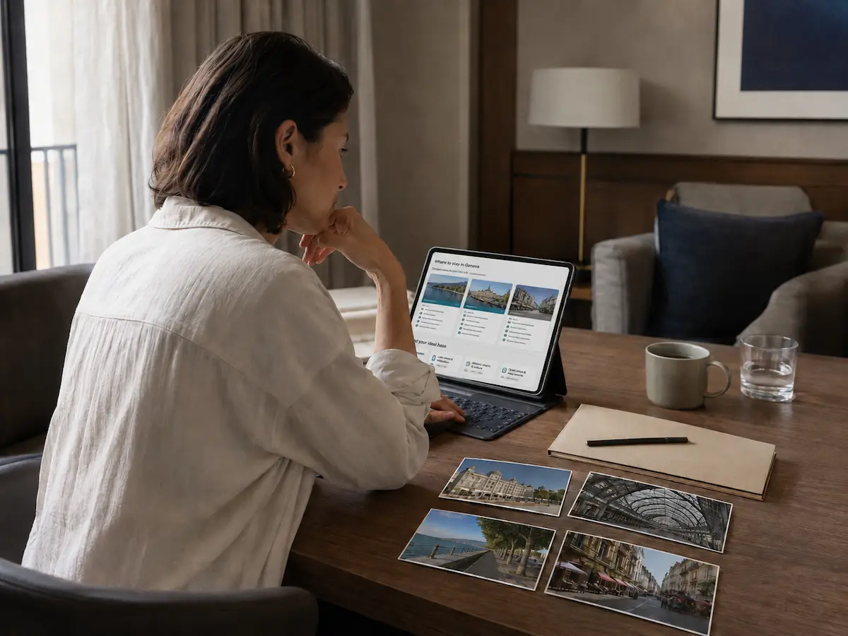 Traveler comparing accommodation options and daily travel priorities while planning a stay in Geneva.