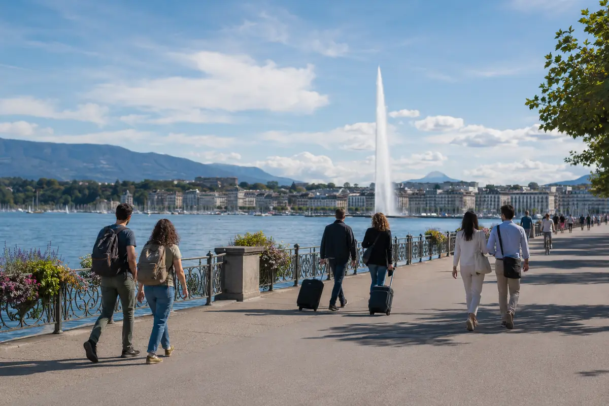 Travelers with different budgets walking along Geneva’s lakefront