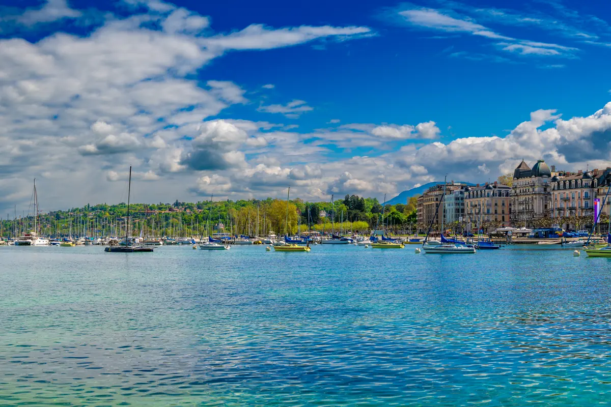 Wide panorama of the Geneva lakefront and city skyline
