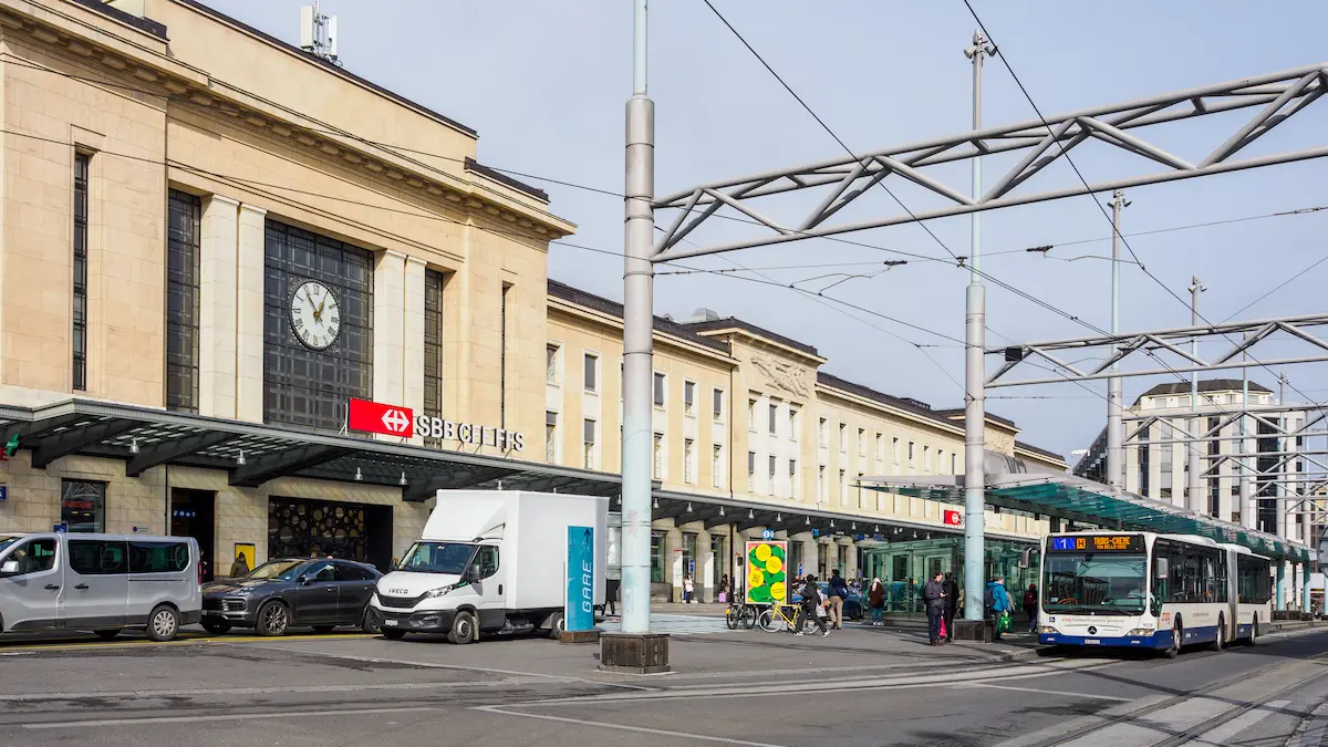 Geneva Cornavin railway station with public transport and the station frontage