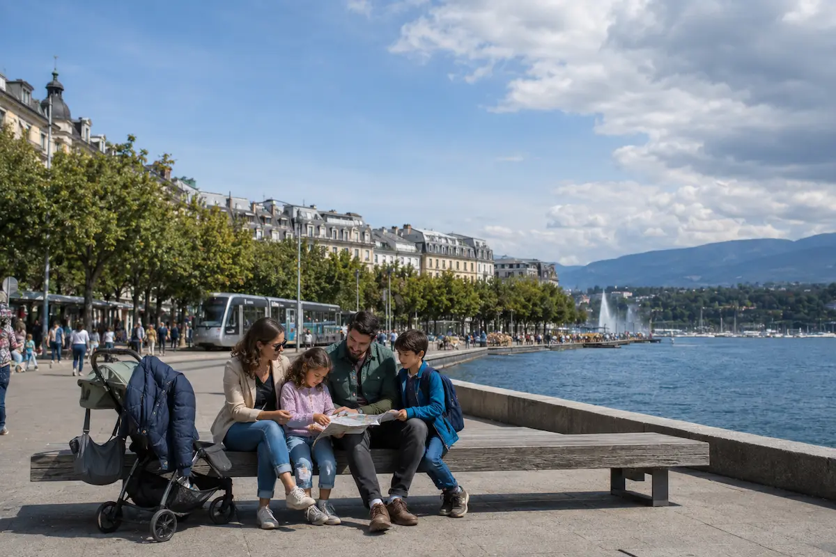 Family planning a Geneva day with changing weather beside the lake