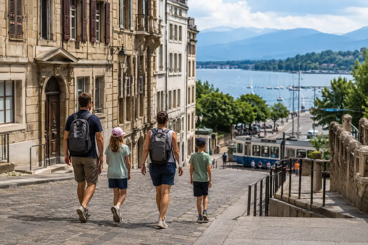 Family balancing walking and rest during a day in Geneva