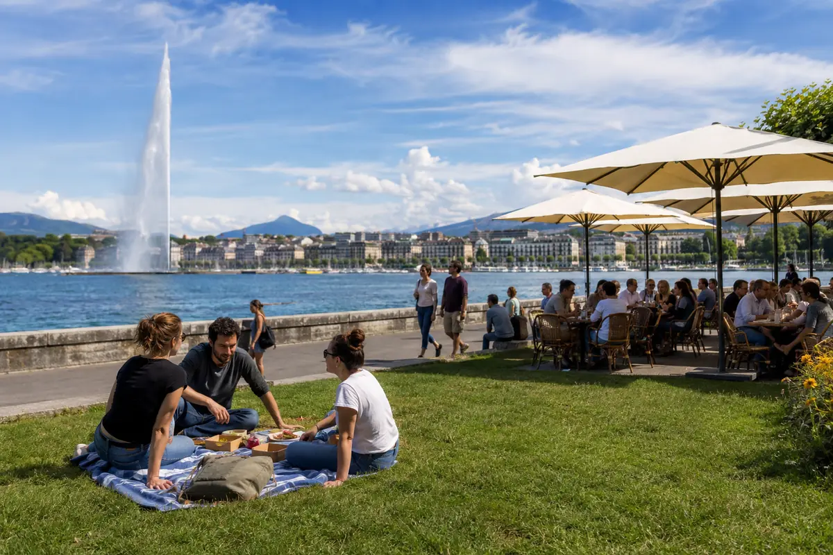Travelers choosing between a lakeside picnic and restaurant dining in Geneva