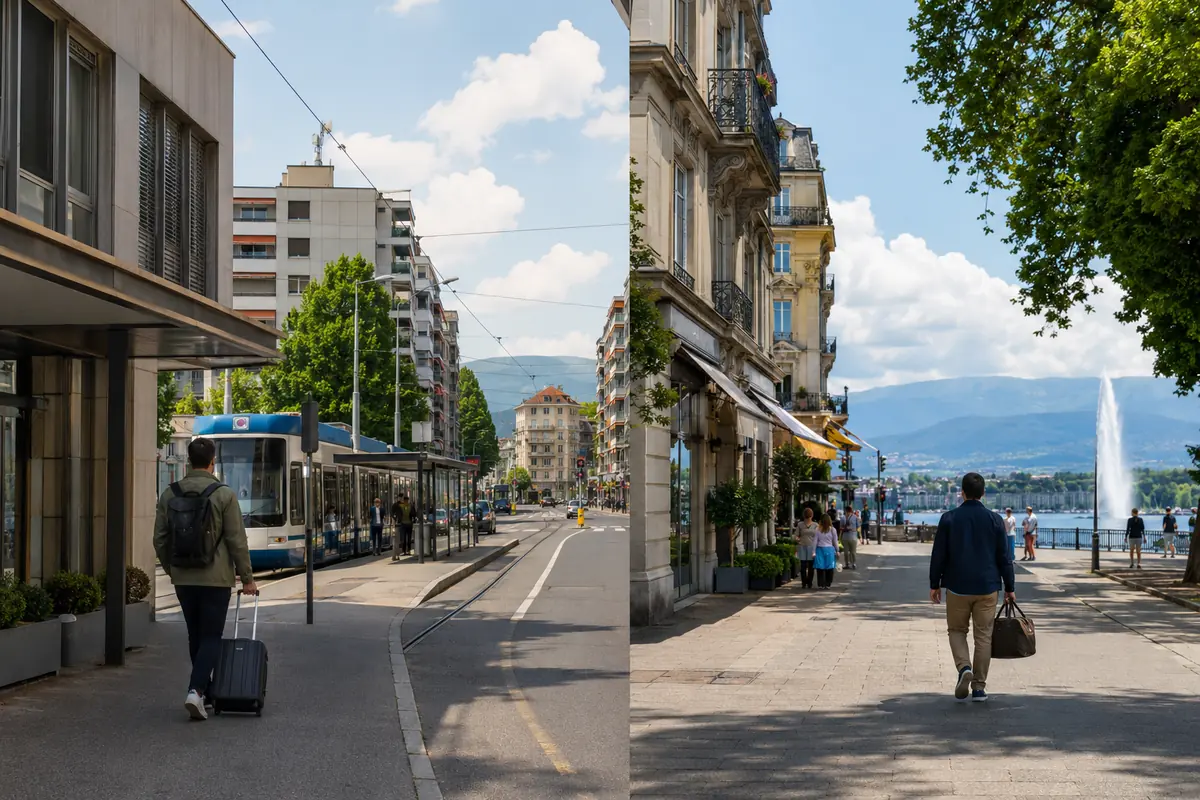 Travelers comparing a central Geneva hotel with a less central hotel near public transport