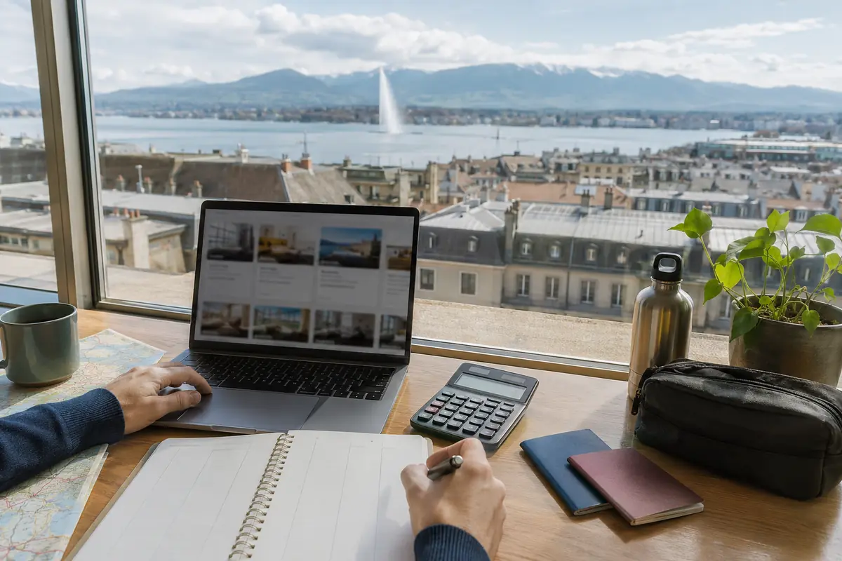 Traveler comparing Geneva hotel prices and calculating a daily budget