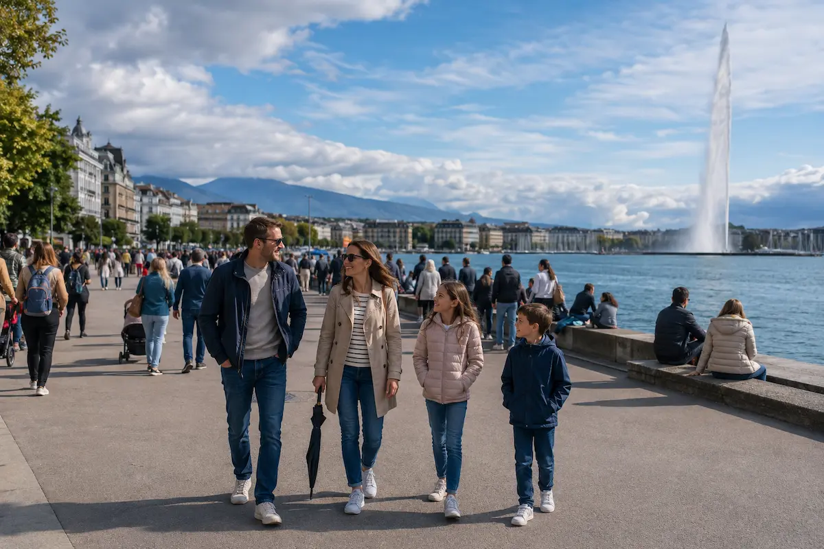Family beside Lake Geneva during mixed weather