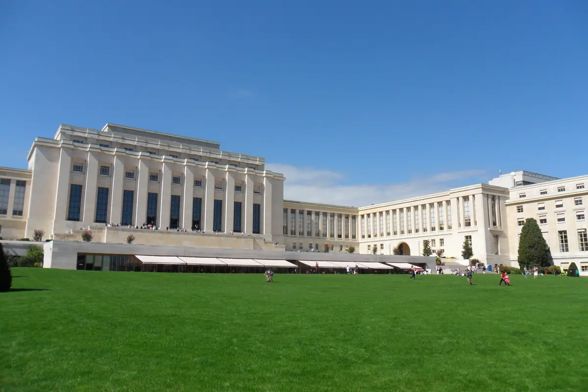 Palais des Nations building and south lawn in Geneva