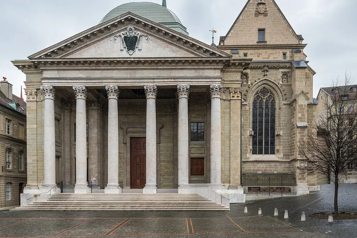 Facade of St Peter’s Cathedral in Geneva Old Town
