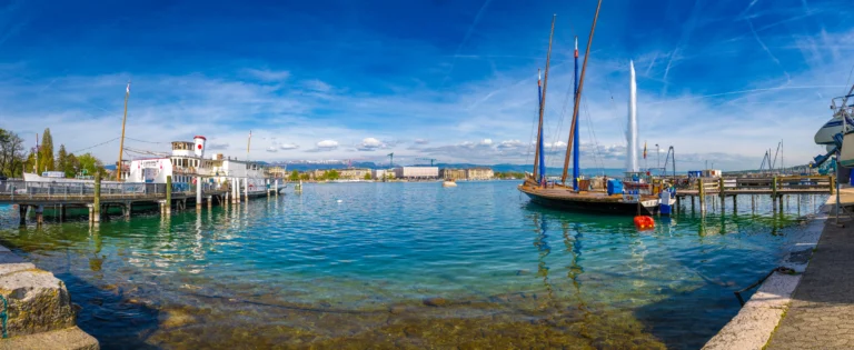 Wide view of central Geneva and the lakefront in April 2026