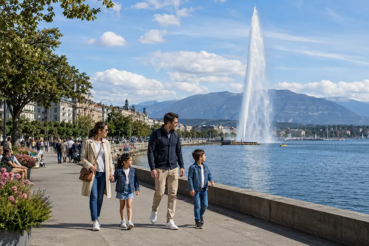 Family walking beside Lake Geneva with the Jet d’Eau in the distance