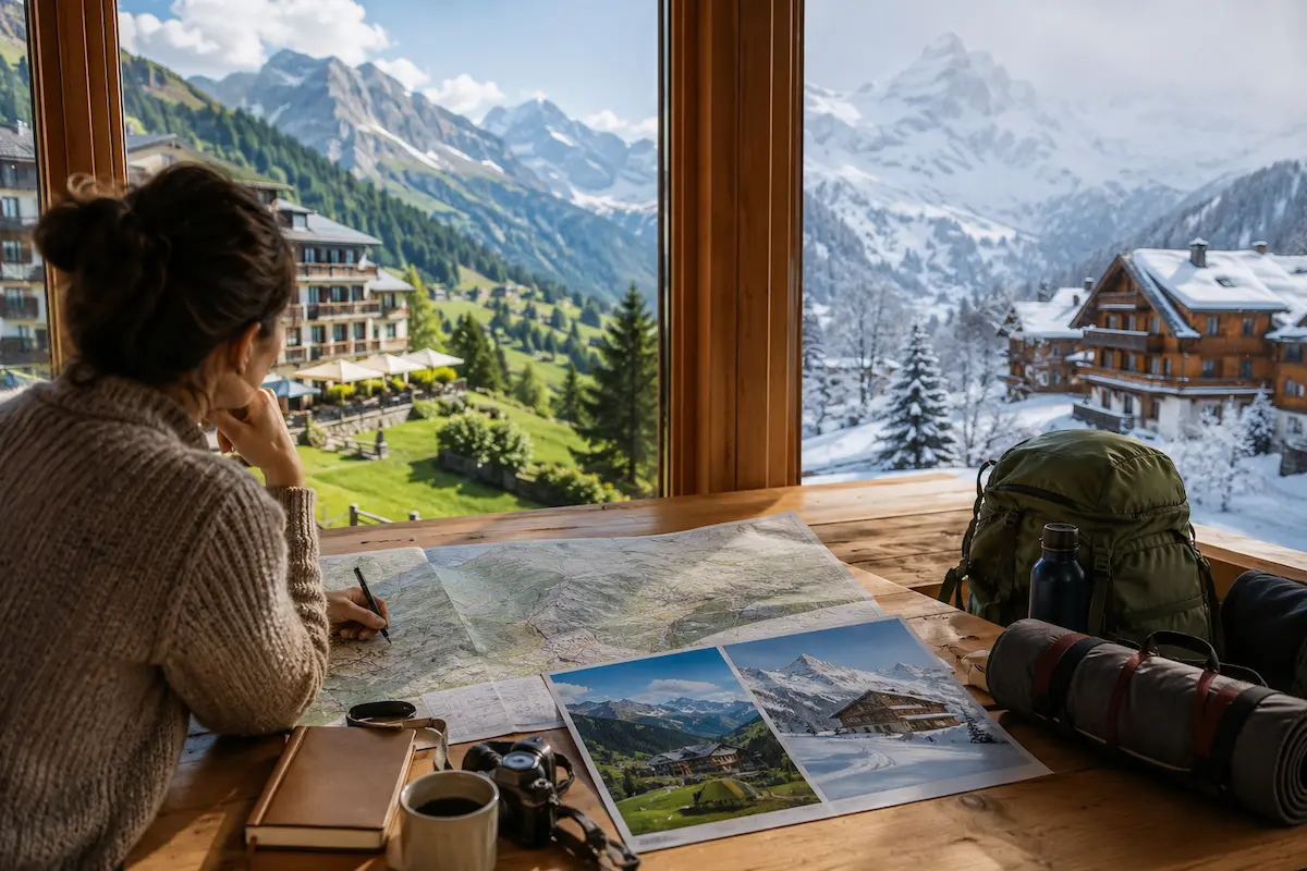 Travel planning scene comparing Swiss accommodation across different seasons