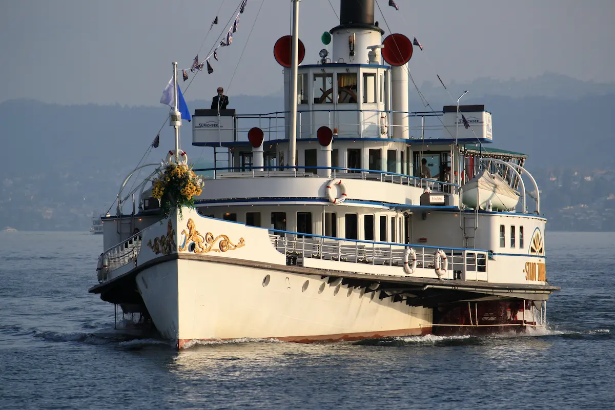 Ornate bow of the Stadt Zürich paddle steamer at Bürkliplatz