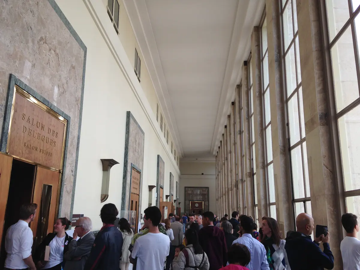 Interior corridor of Building A at the Palais des Nations in Geneva