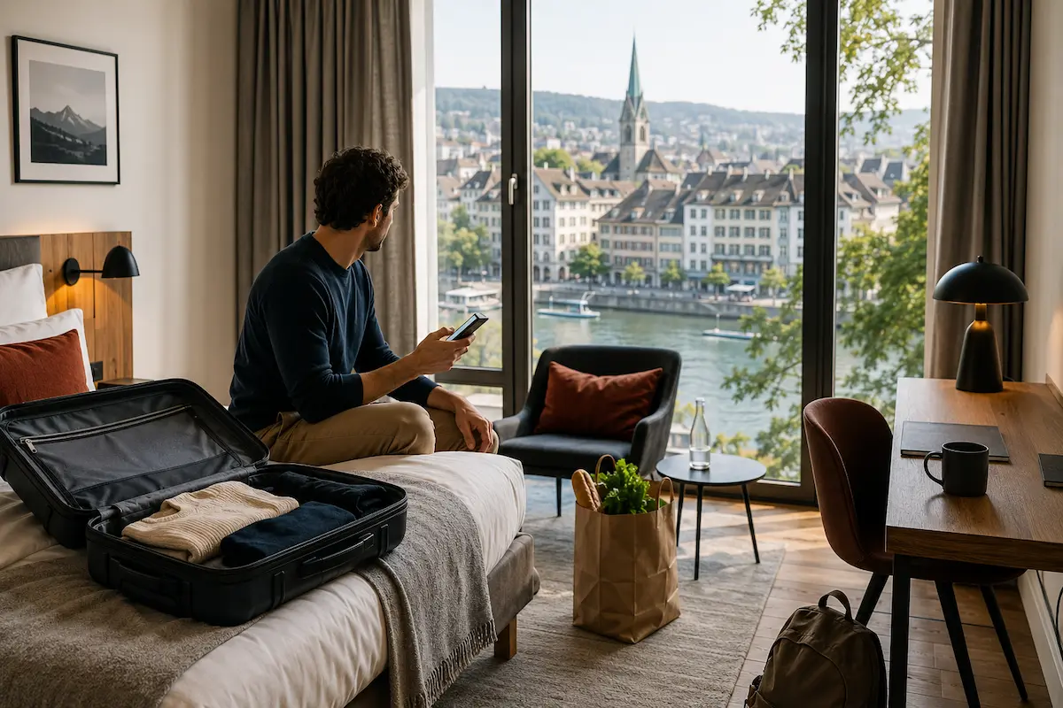 Traveler preparing groceries and plans before a Sunday in Switzerland
