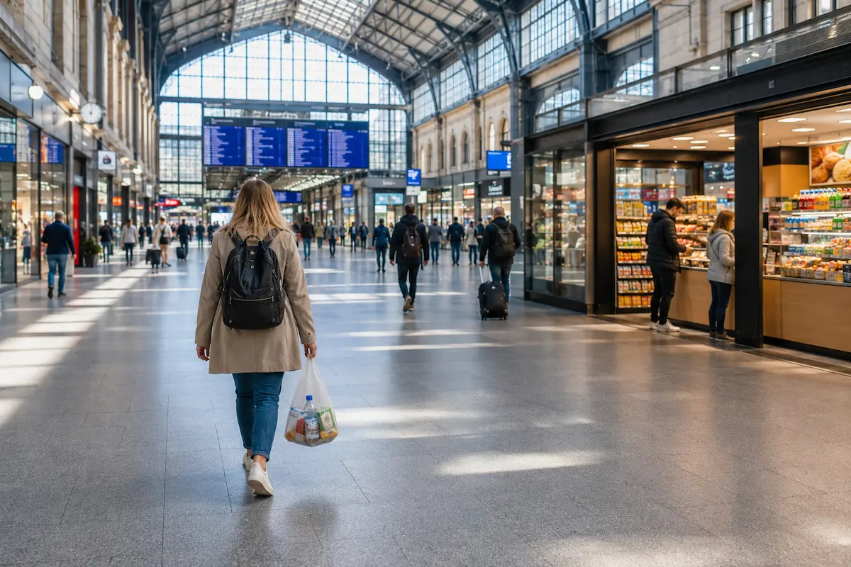 Traveler carrying Sunday essentials through a Swiss station concourse