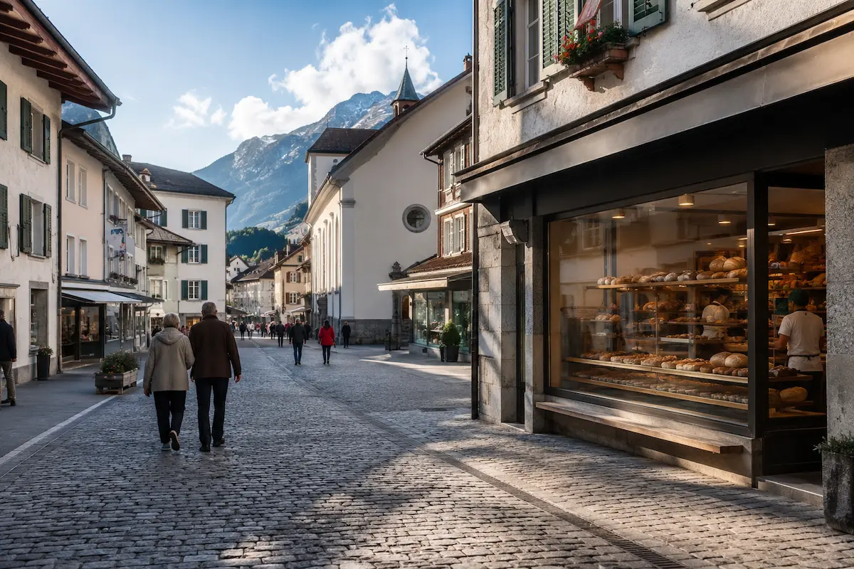 Swiss town street with a bakery open on a quiet Sunday