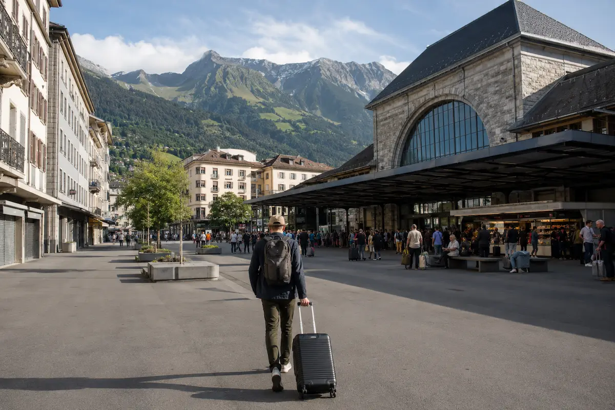 Traveler near an active Swiss transport hub on Sunday
