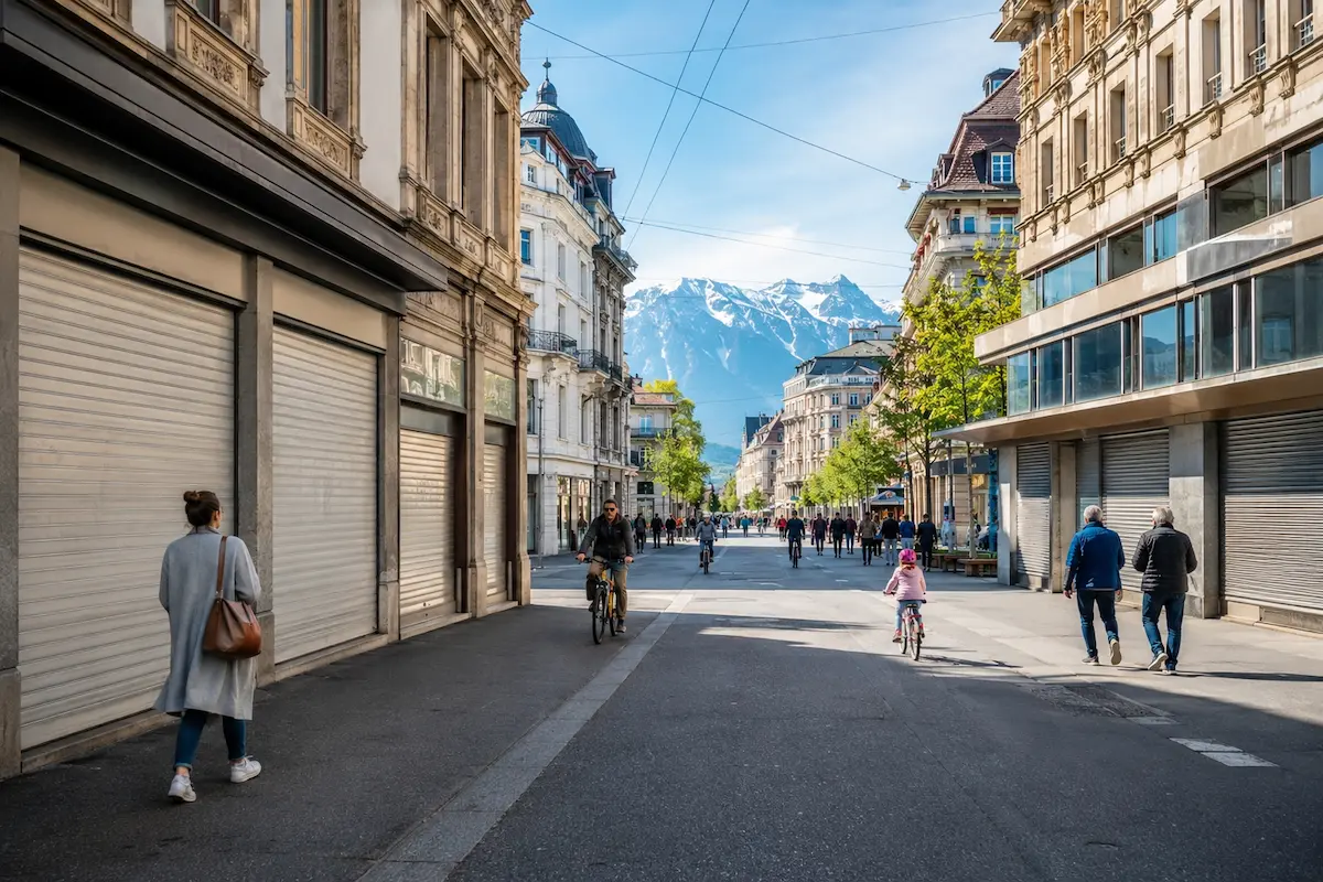 Swiss shopping street with regular stores closed on a Sunday