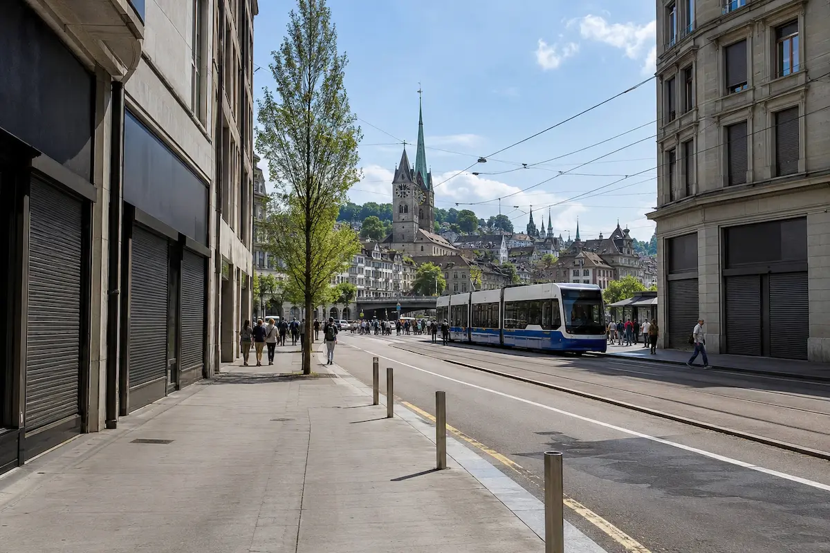 Street scene in Switzerland on Sunday with closed shops and active public transport