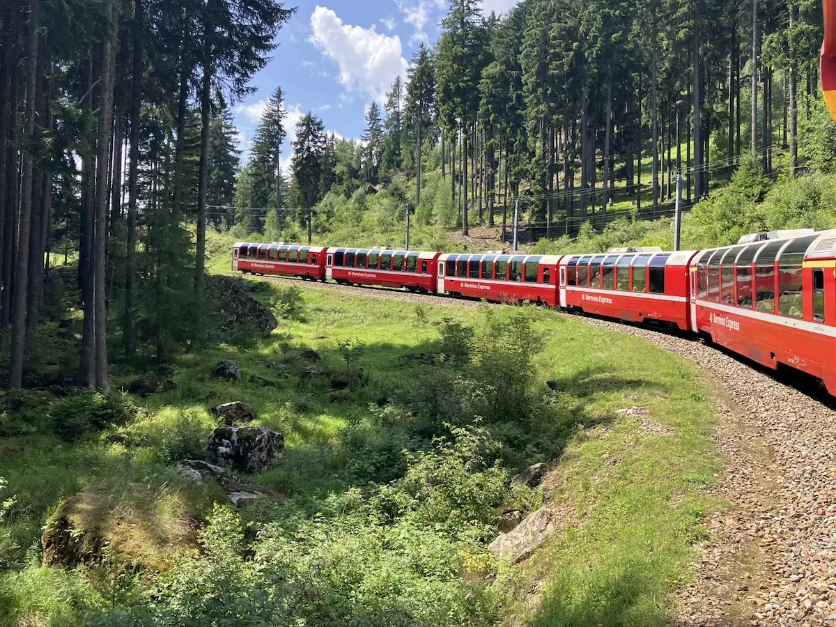Bernina Express train curving through forest in Switzerland in 2025