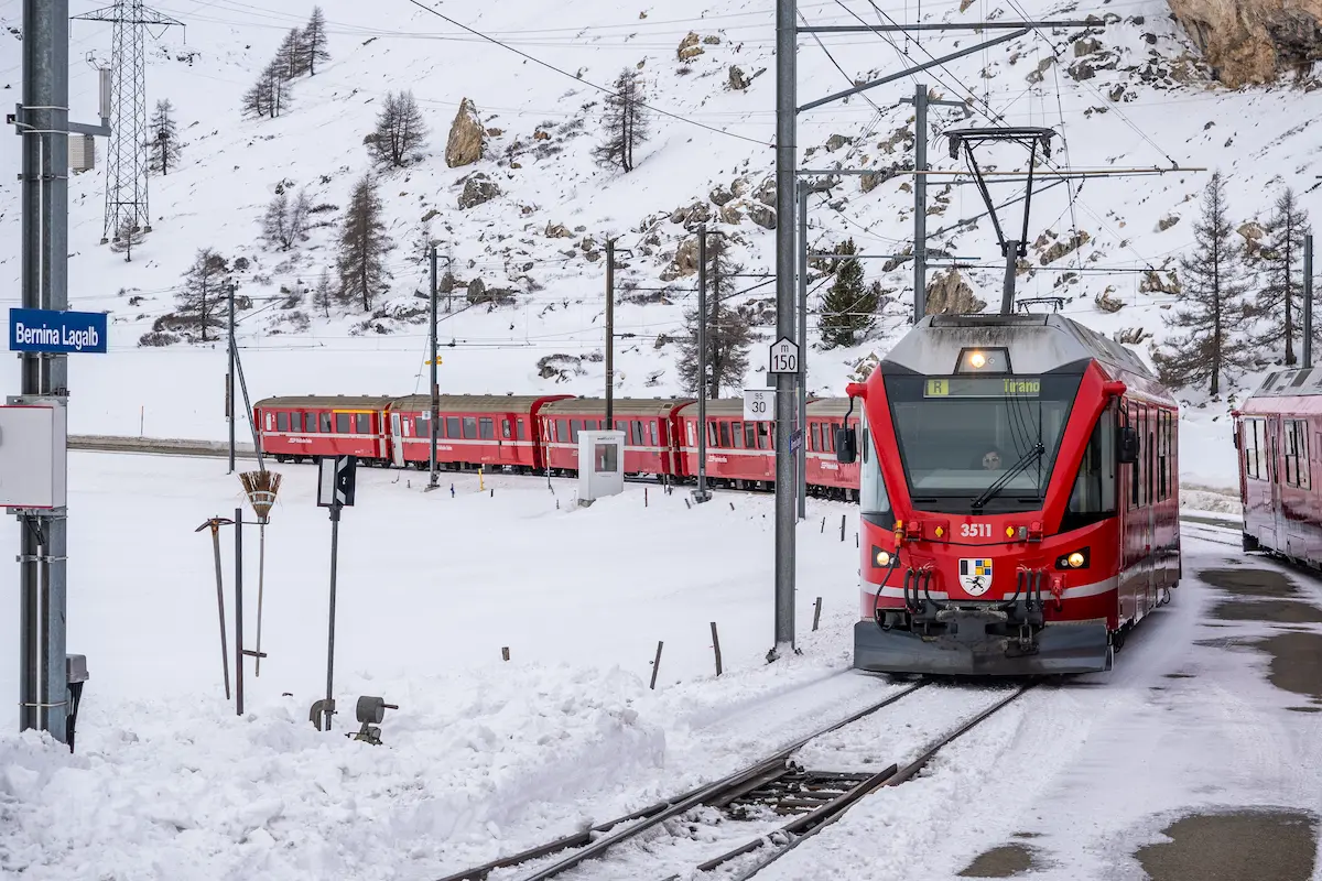 RhB Allegra regional train arriving at Bernina Lagalb in 2026