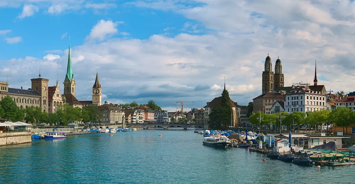 Panoramic view of Zurich Old Town and the Limmat River from Quaibrücke