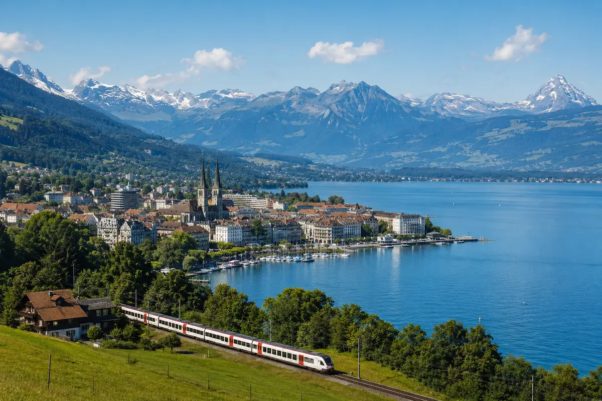 Conceptual Swiss travel scene connecting a city base, rail journey, lake, and mountains