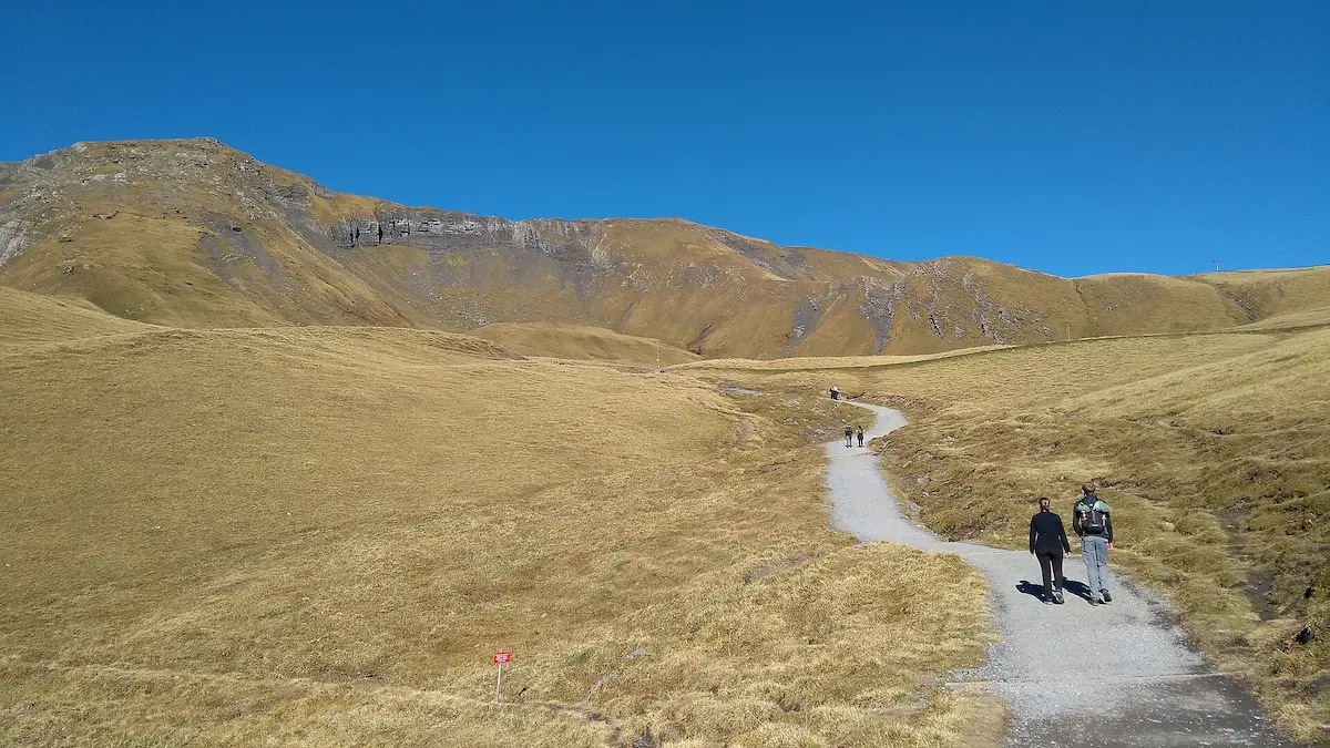 Hikers on the Bachalpsee trail above Grindelwald in October