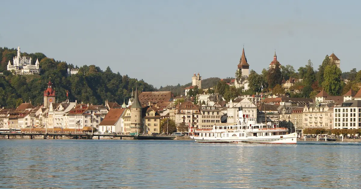 Passenger ship Stadt Luzern on Lake Lucerne beside the city waterfront