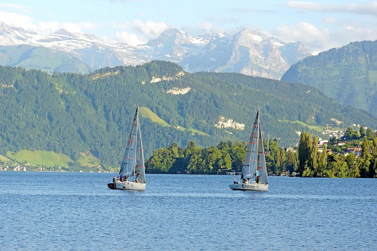 Sailing on Lake Lucerne with mountains surrounding the lake