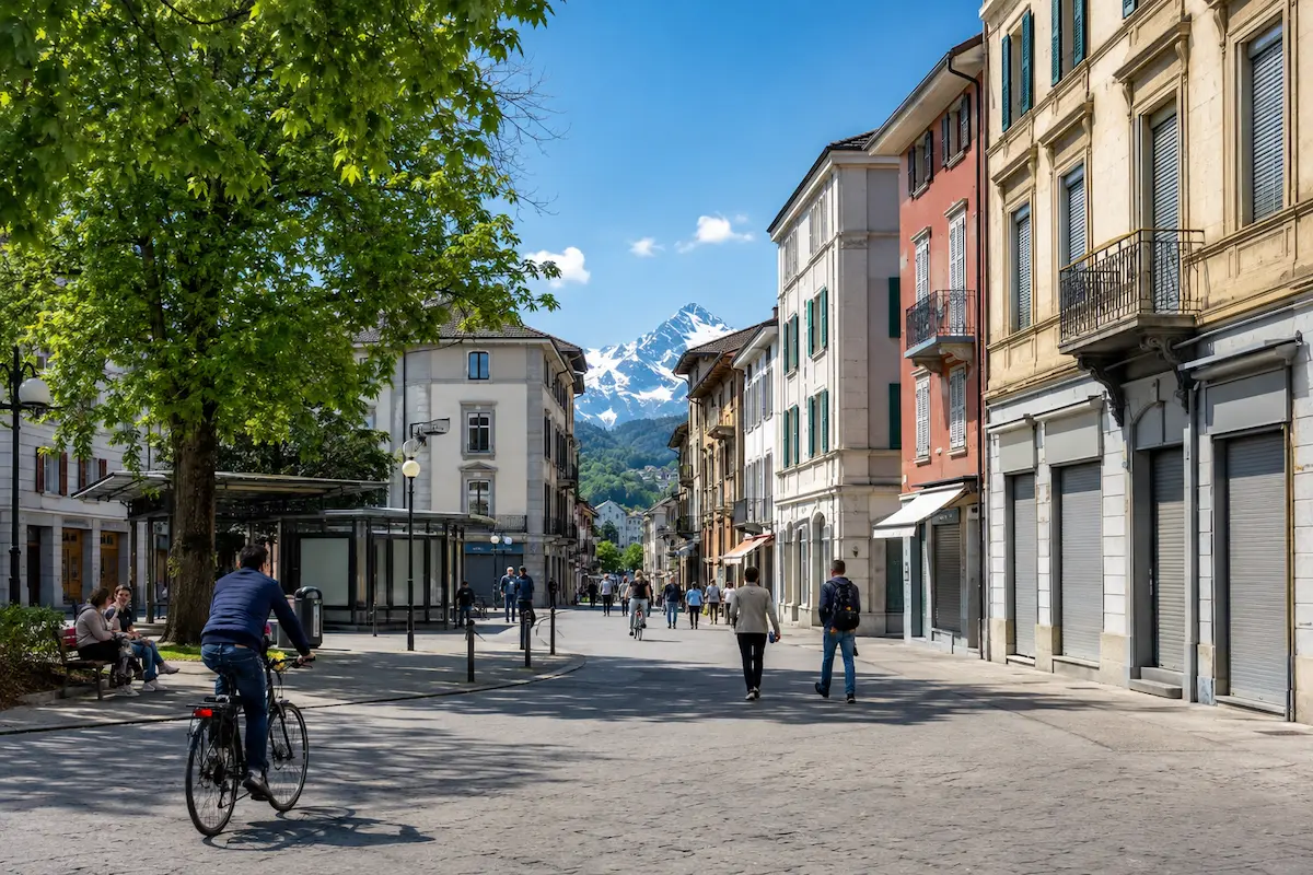 Swiss town center with regular shops and services closed on Sunday