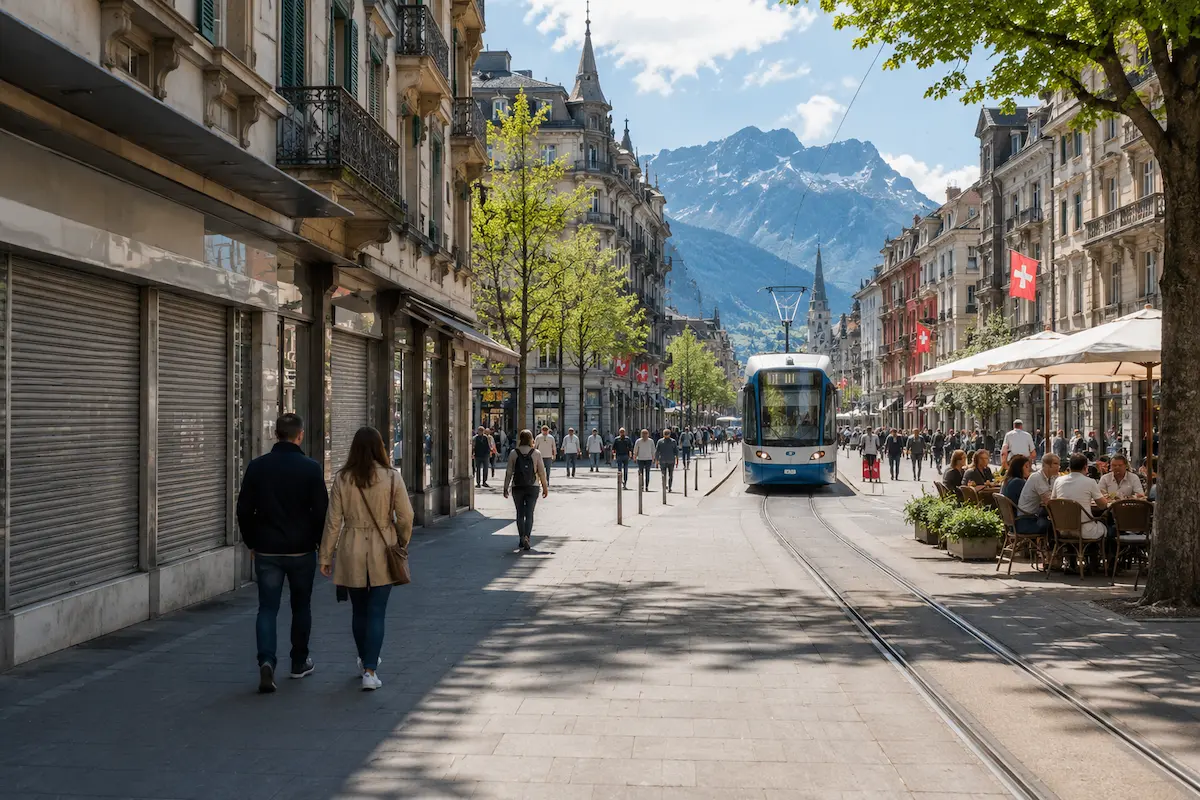 Swiss city street on a Sunday with closed shops, pedestrians, and public transport